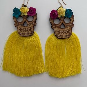 Skull Earrings Calavera Skull Day of the Dead Wood Dangle Tassel/ Flowers